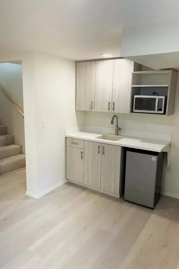 Basement remodel with kitchenette and built-in cabinetry in a Mt. Tabor neighborhood home in southeast Portland.